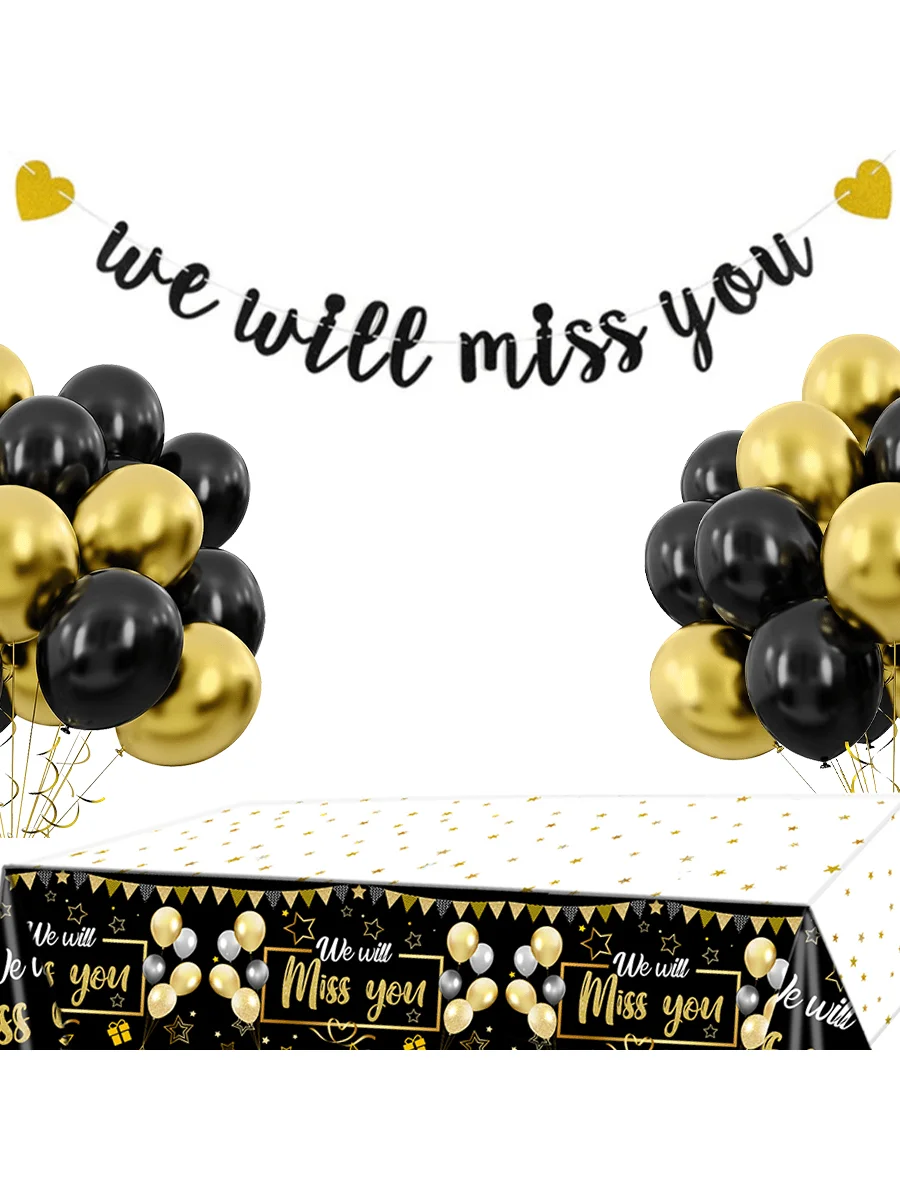 We Will Miss You Banner, Black Gold Balloon Set, Tablecloth, Retirement Farewell Party Decor, Graduation & Army Party Supplies