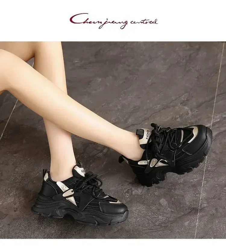 Modische Damen-Dad-Schuhe mit Leder-Obermaterial, Dicker Sohle, Lässige Sportschuhe, Frühling-Herbst Neuer Stil, Atmungsaktiv und Leicht – Detail 8