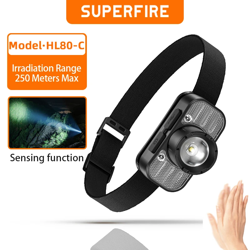 

SUPERFIRE HL80 -C Powerful LED Headlamp USB C Rechargeable Sensor Headlight 5 Modes Portable Fishing Camping Head Flashlight