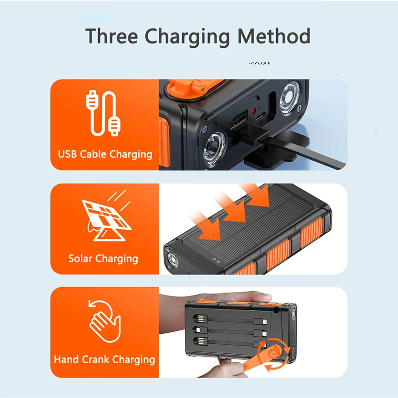 Hand Crank Solar Power Bank 30000mAh with Cable PD 20W Fast Charger Powerbank for iPhone Samsung Xiaomi External Spare Battery