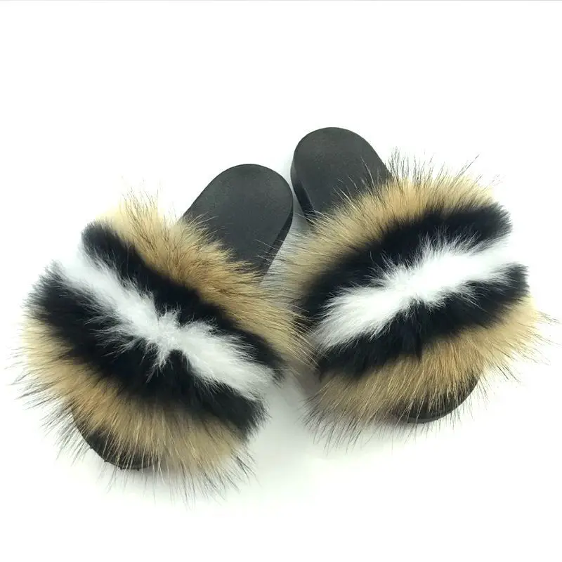 Women Raccoon Fur Slides Slippers Open Toe Slip On Flat Indoor Plush Slippers Home Bedroom Fuzzy Casual Outdoor Comfy Sandle