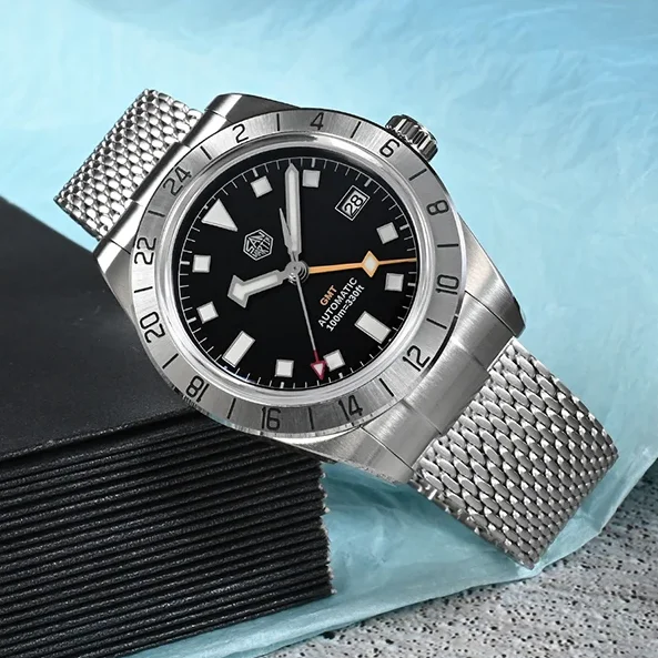 

Мужские автоматические часы San Martin, 39 мм, GMT, механические наручные часы, водонепроницаемые на 100 м, BGW-9, светящийся сапфировый сетчатый миланский ремешок, NH34