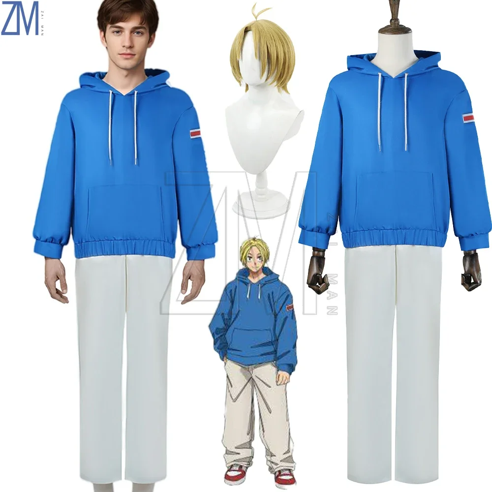 

Anime Sakamoto Days Cosplay Suits Shoes Shin Asakura Role Costume Wigs Blue Hoodie White Pants Set Halloween Tracksuit Clothes