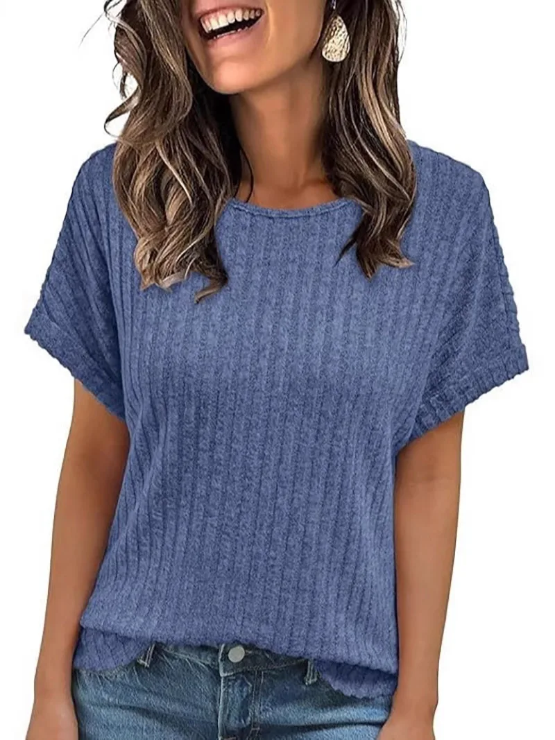 2026 European and American Summer New Product woman Solid Color Round Neck Pit Bar Casual Short Sleeve T-shirt for Women t-s