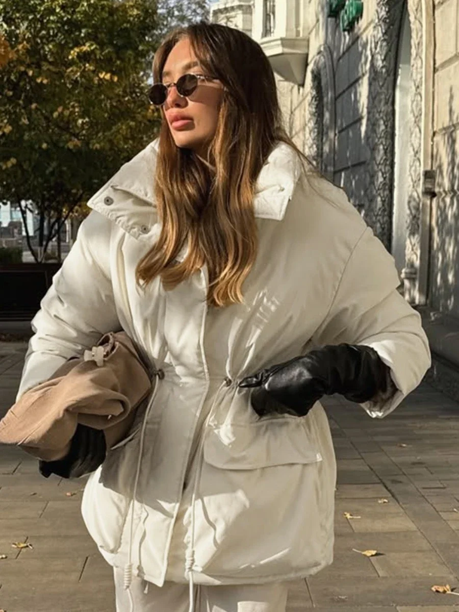 

New Autumn Winter Women's Trendy Warm Slim Fit Cotton Coat Drawstring Waist Fashion Cotton Outer Jacket