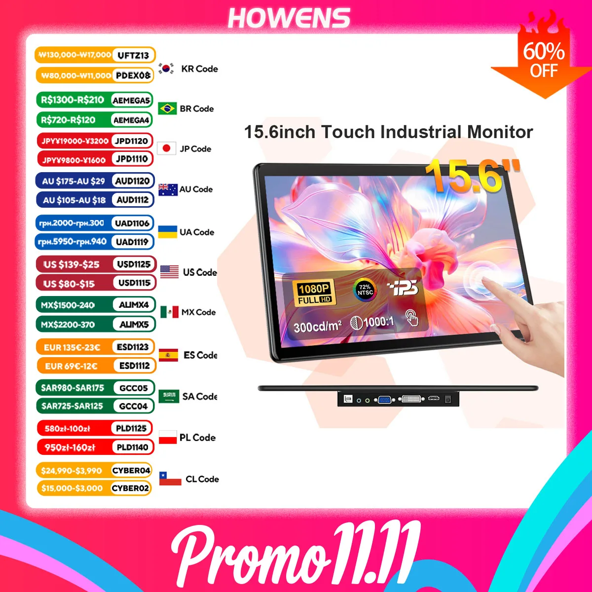 15.6inch Touch Screen Monitor 1920x1080 FHD Portable LCD Industrial Display HDMI USB VGA DVI For PC RPi POS CCTV Computer Kiosk