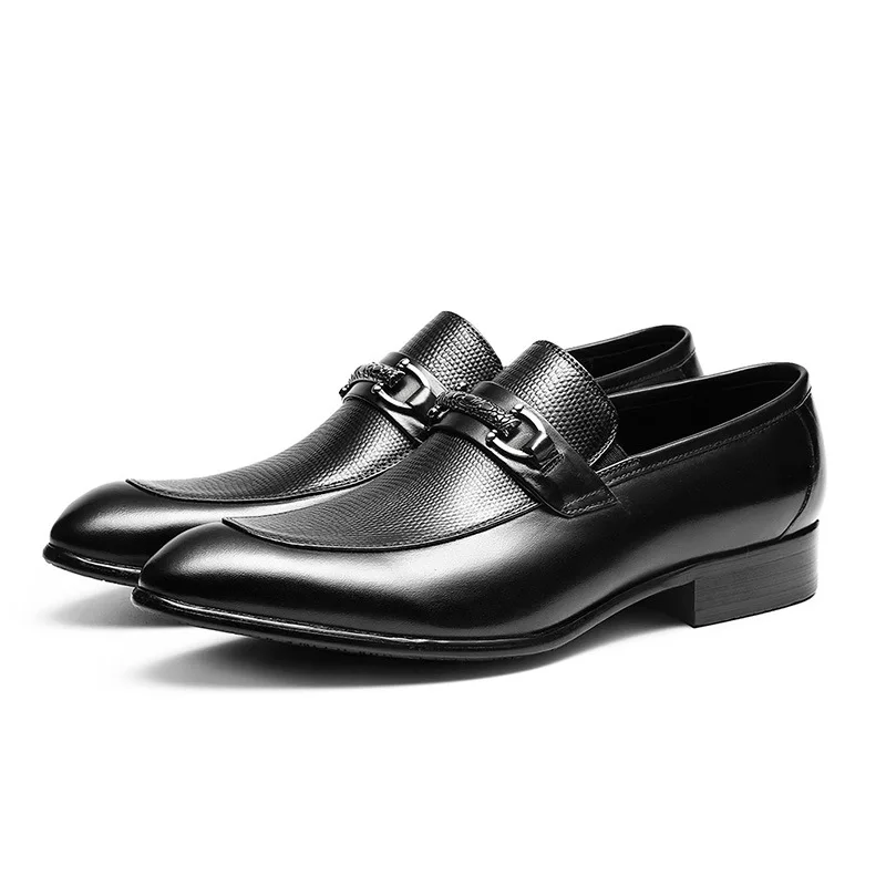 Men's Burgundy Leather Loafers Metal Buckle Slip On Formal Dress Shoes Business Wedding Footwear
