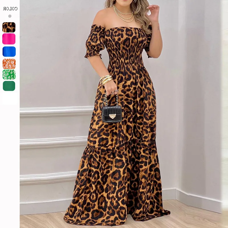 Women's Spring/Summer New Off Shoulder Printed Pleated Large Swing Dress Short Sleeve Long Dress2024