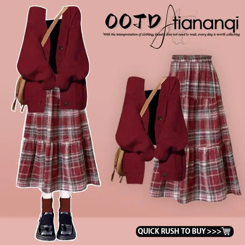 

Red Knit Cardigan Sweater And Skirt Set Autumn Faion Ensemble Long Sve Button up Woolen f Length Skirt Outfit