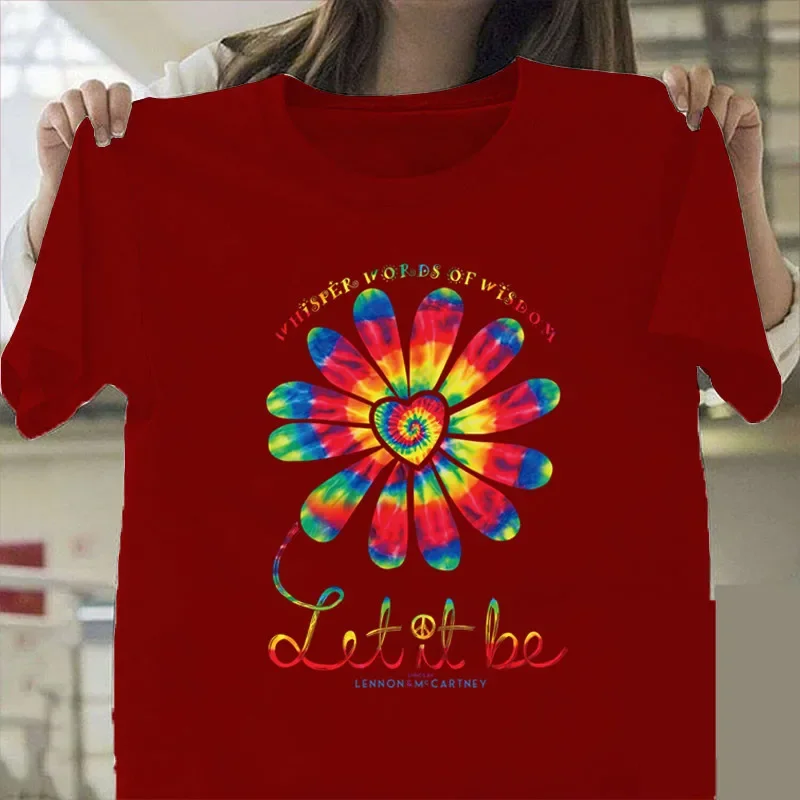 Camiseta solta de manga curta com gola O feminina, camiseta casual feminina, deixe ser colorida girassol estampa tops