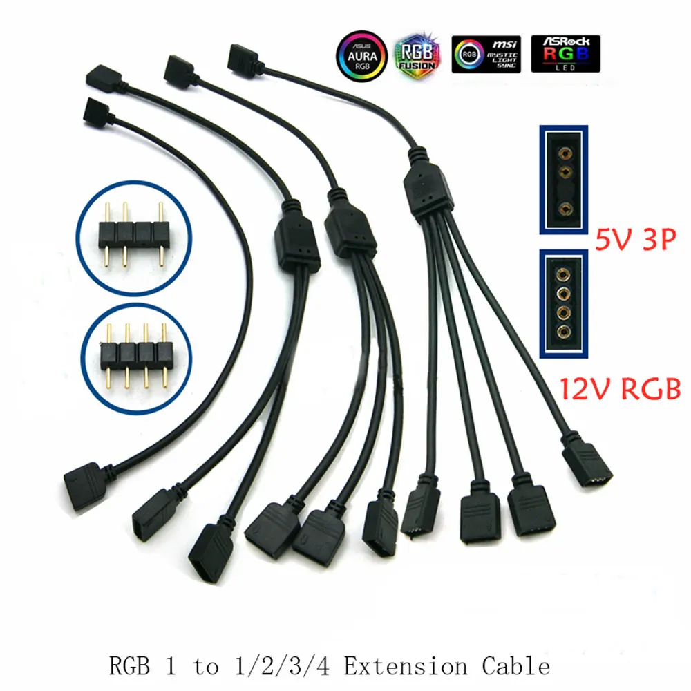 Angitu 3pin/4Pin RGB ARGB SYNC 1 to 1/2/3/4/5 Fan LED Stripe Extension Cable Motherboard Light Control Hub For M/B ASUS GIGABYTE