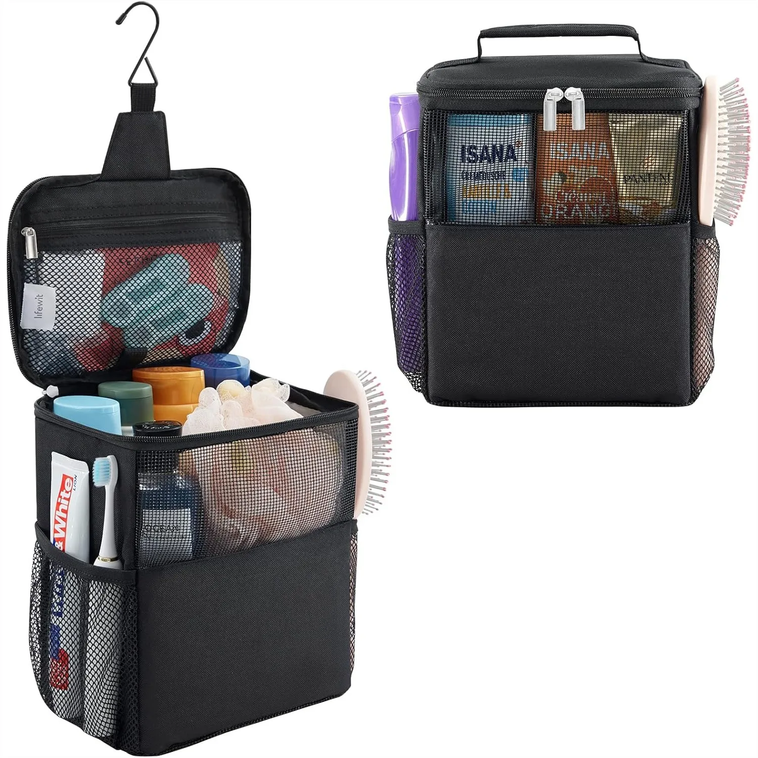 

Mesh Shower Caddy for College Dorm, Quick Dry Hanging Toiletry Bag with Hook, Travel Gym Camping Essentials, Medium Black