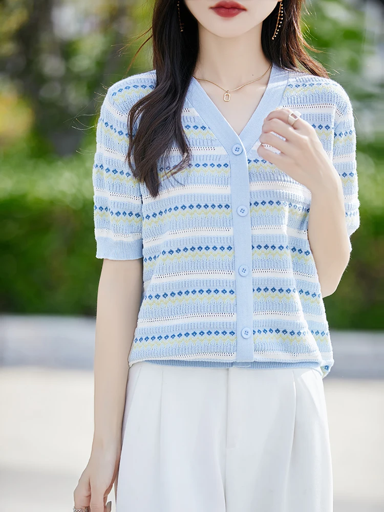 

Лето 2023, женский трикотаж из чистого хлопка с v-образным вырезом, ор Све, искусственный открытый кардиган, свободный крой, для поездок на работу, длиной до пола