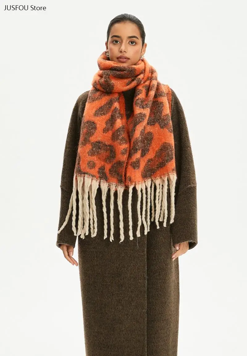 Warm Multicolor Scarf for Autumn Winter Women's Faux Mohair Leopard Print Shawl, Thick Loop Yarn Neck Wrap with Tassels