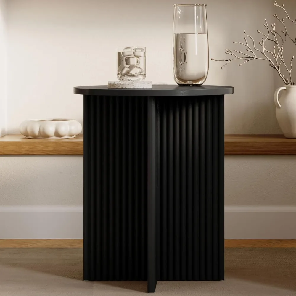 

Fluted Round Side Table - 16-in Round Top, Blackened Oak & Solid Wood X-Base - End Table for Living Room & Nightstand - Pedestal