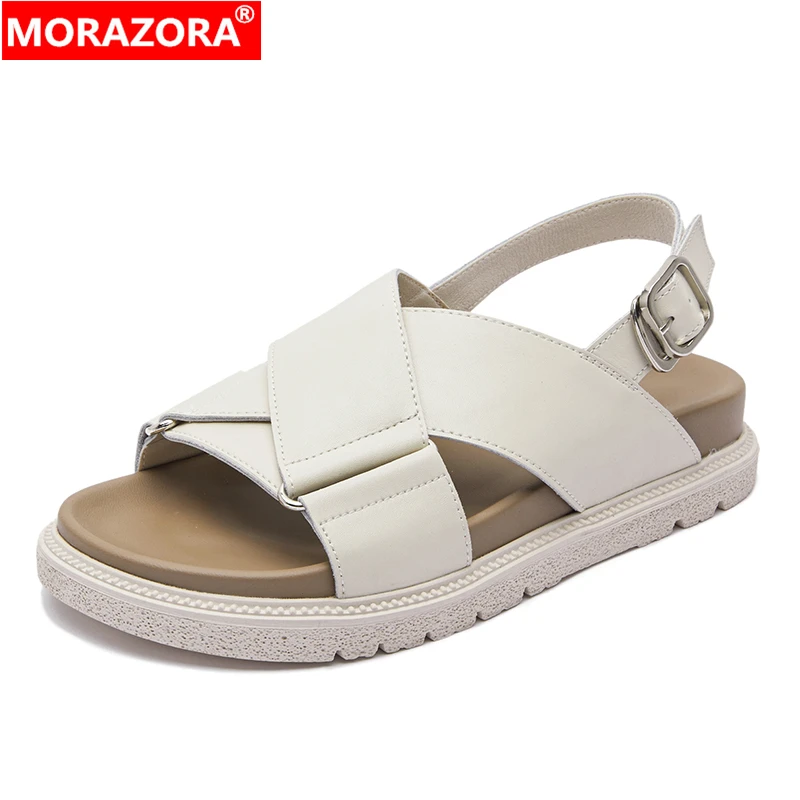 MORAZORA 2024 New Genuine Leather Sandals Women Shoes Casual Flat Sandals Black Beige Ladies Summer Casual Footwear