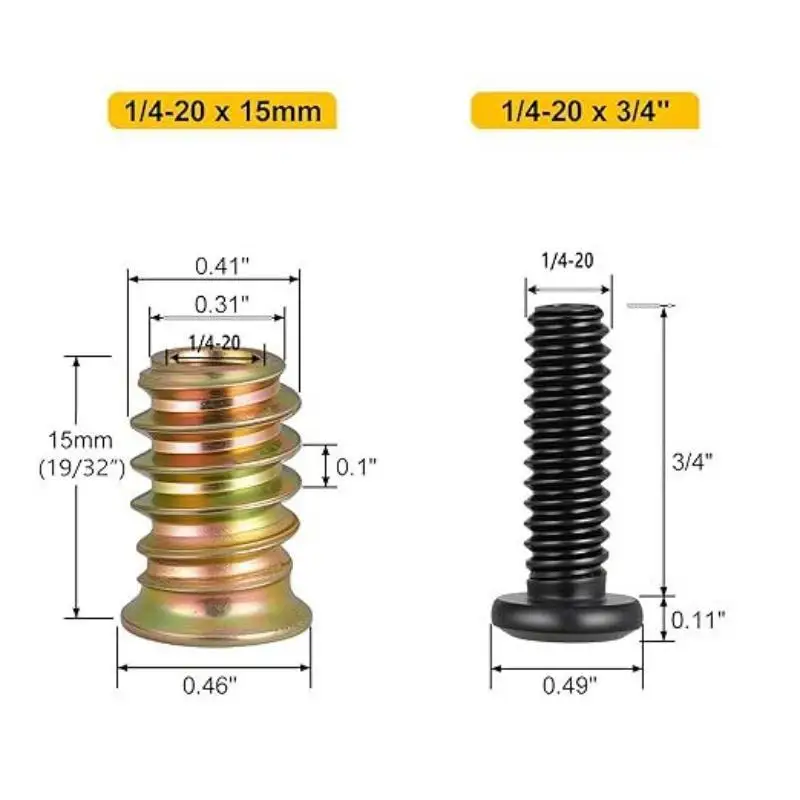 10/28PCS Scratch Resistant Threaded Wood Inserts 1/4-20 X25 Hexagon Bolts for Cabinet Wardrobe Furniture Assembly Repair