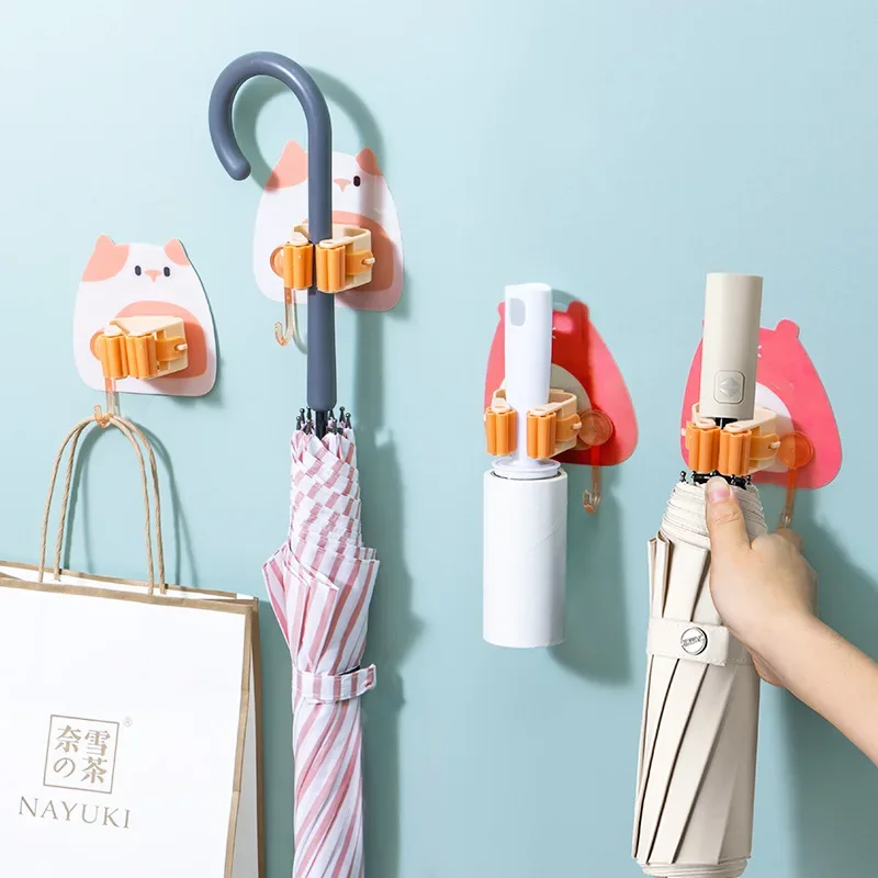 Wall Mounted Hooks Mop Organizer Holder Adhesive Cute Cat Multi-Purpose Room Hanger Strong Hooks Kitchen Bathroom Broom Clip