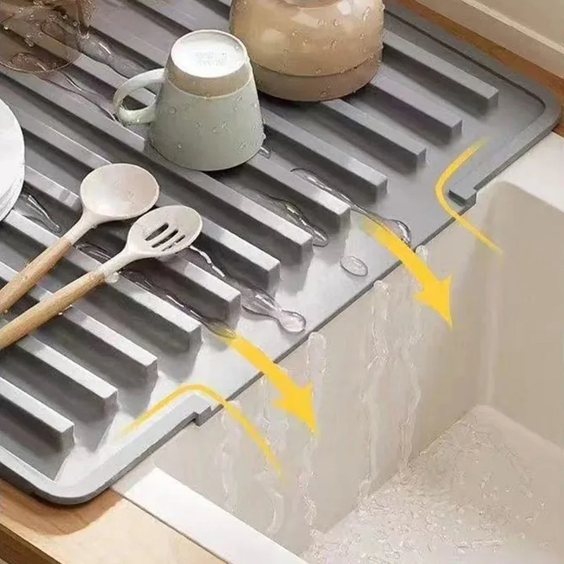Kitchen Silicone Drain Mat Slope Design Drain Quickly Mat Dish Drying Mat Thickening Anti-hot Pan Mat Kitchen Storage Accessory
