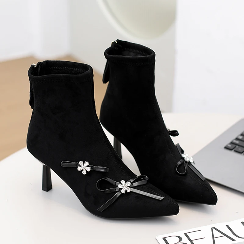 

Luxury Crystal High Heels Women's Boots Flower Bow Shoes Pointed Toe Ankle Boots 2025 Winter Sexy Pumps Zip Short Botas Mujer