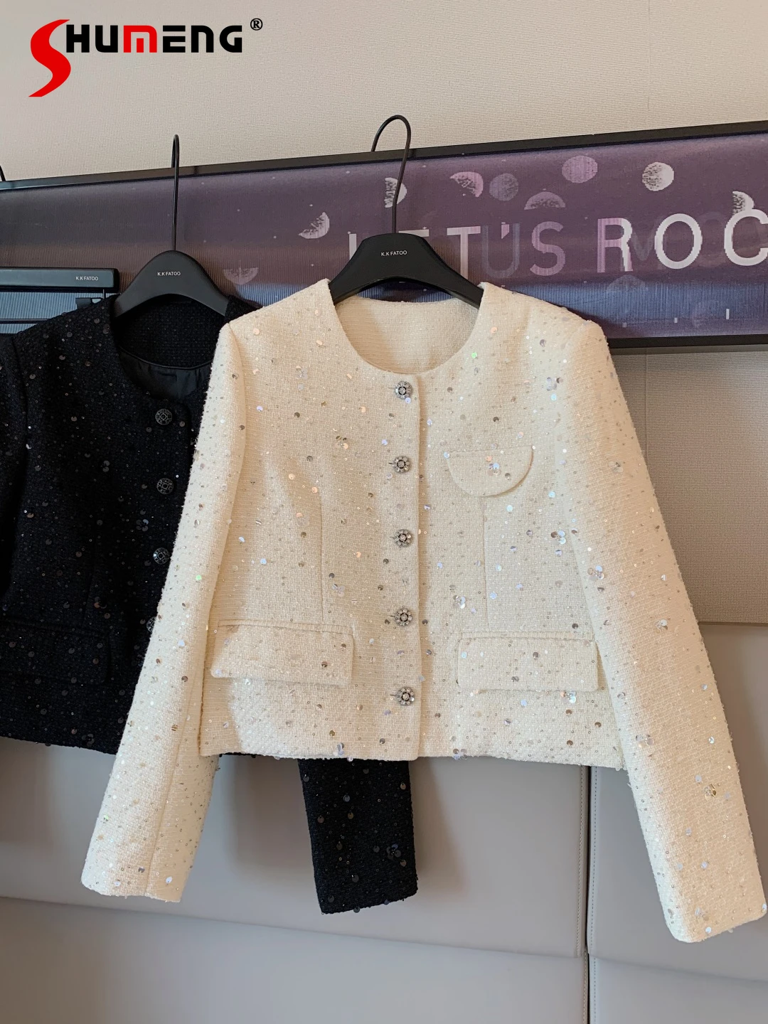 

Fashion Sequined Tweed Round Neck Diamond Buckle Small Fragrant Short Jackets 2024 Autumn Female Solid Color New Women's Blazers