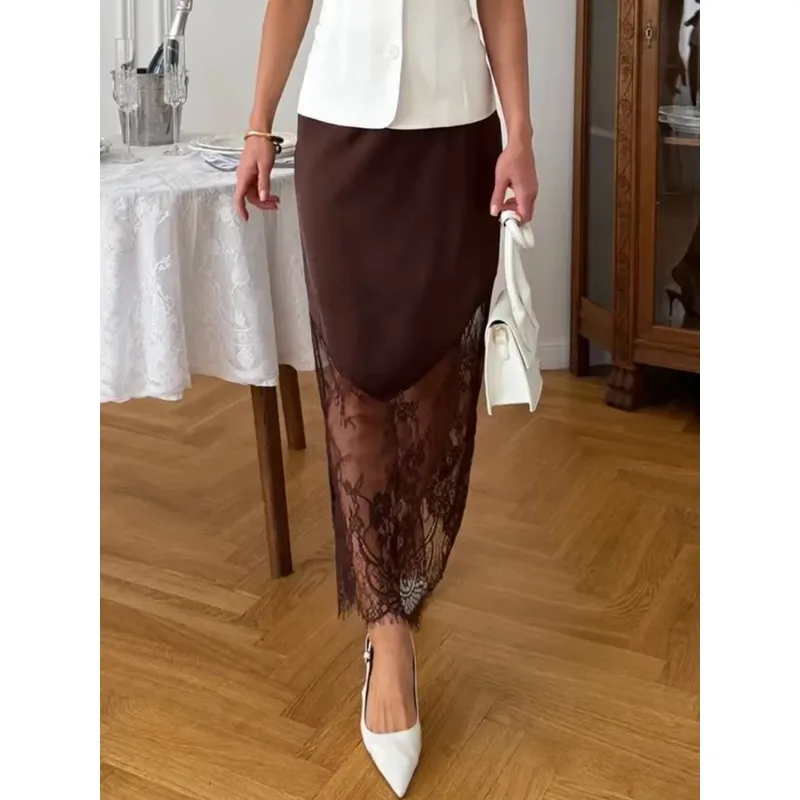 Women Patchwork Lace Skirts  New High Waist Slim Hollow Out Maxi Skirts Autumn Brown Fashion Party Club Boho Skirt