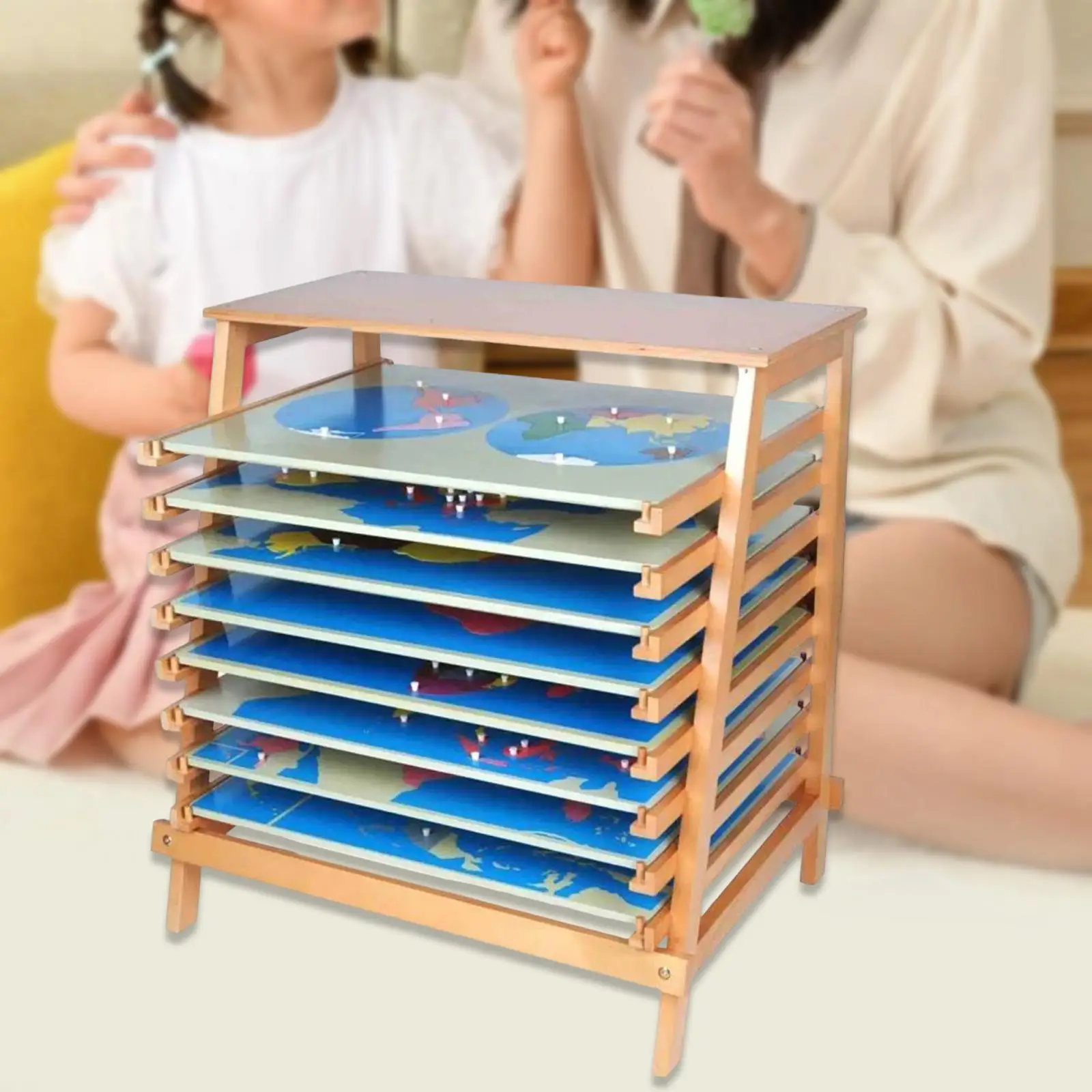 Drewniana półka do klasy, pomoce dydaktyczne, wczesna edukacja, mapa z papieru ściernego, zabawka edukacyjna, mapa-puzzle, stojak do przechowywania map, tablica do układania map-puzzle