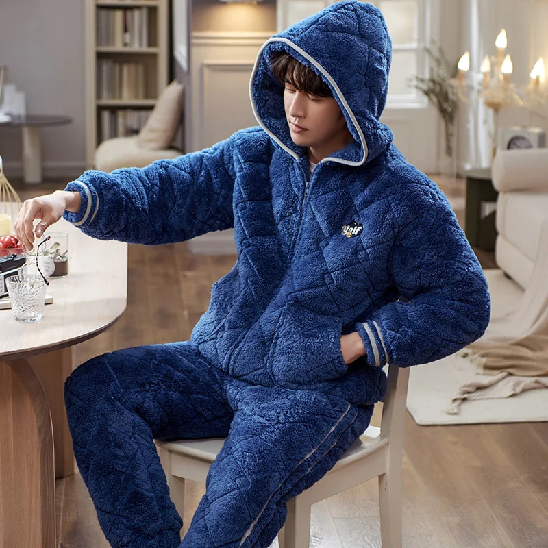 High Quality Pyjamas Men Long Sleeve Flannel Sleepwear Coral Fleece Thicken Nightwear Hooded Loungewear 2 Pieces Sets