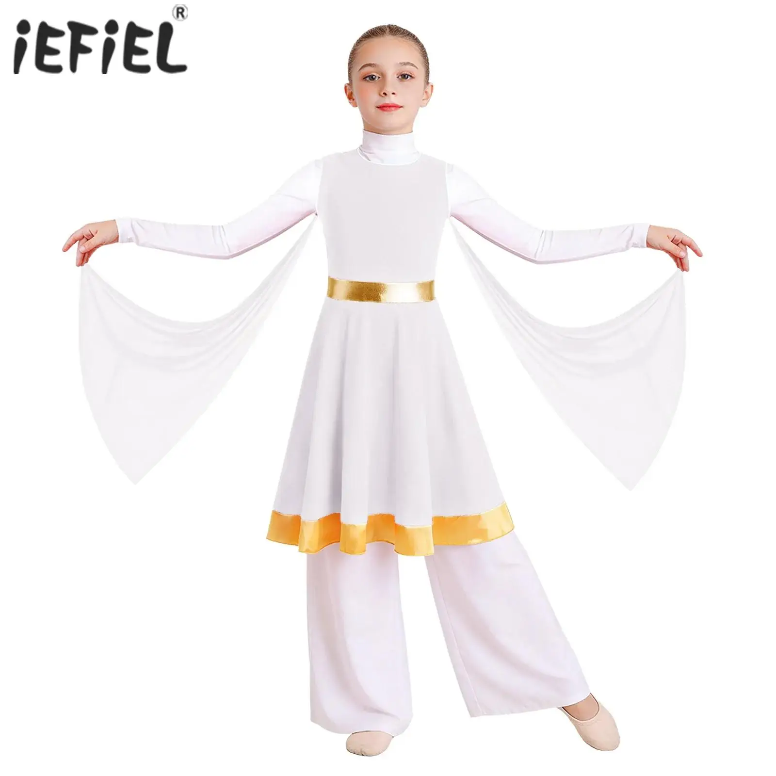 

Kids Girls Liturgical Praise Ballet Lyrical Dance Dance Costumes Church Choir Tunic Dress Metallic Zipper Dress with Mesh Drapes