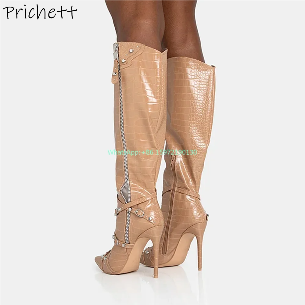 Crocodile Pattern Solid Knee High Boots Pointy Toe Thin Heels Zipper Belt Rivet Sexy Shoes Ladies Sexy Runway Fashion Boots