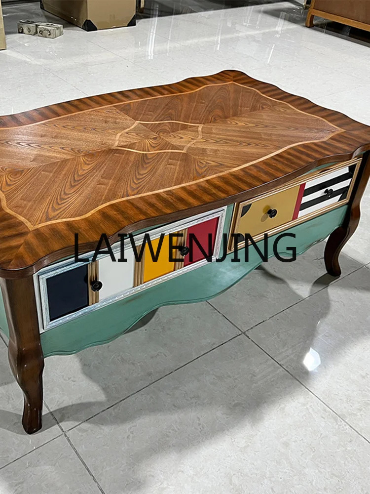 

American Painted Solid Wood TV Cabinet Coffee Table Art High-End Coffee Table Modern Vintage Ornament Complete Set