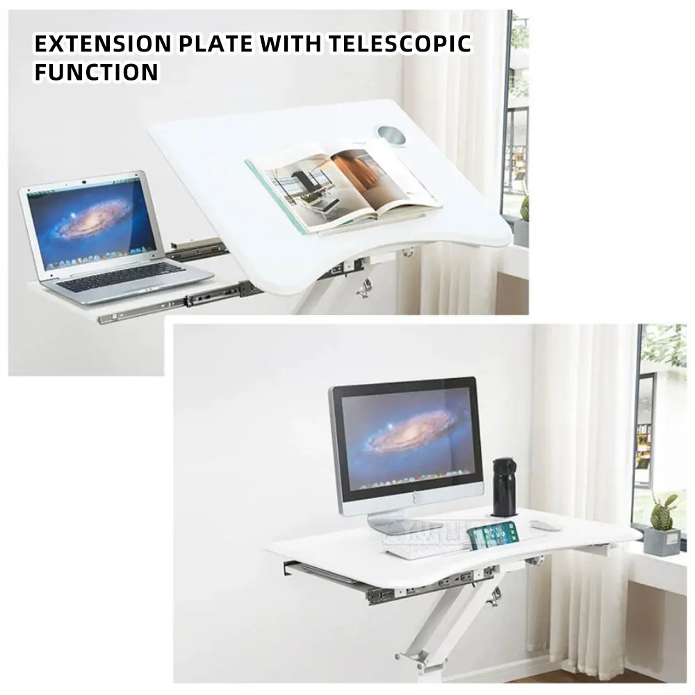Pneumatic Mobile Height Adjustable Drawing Desk, Computer Easel with Retractable Extension Board, Tiltable Tabletop