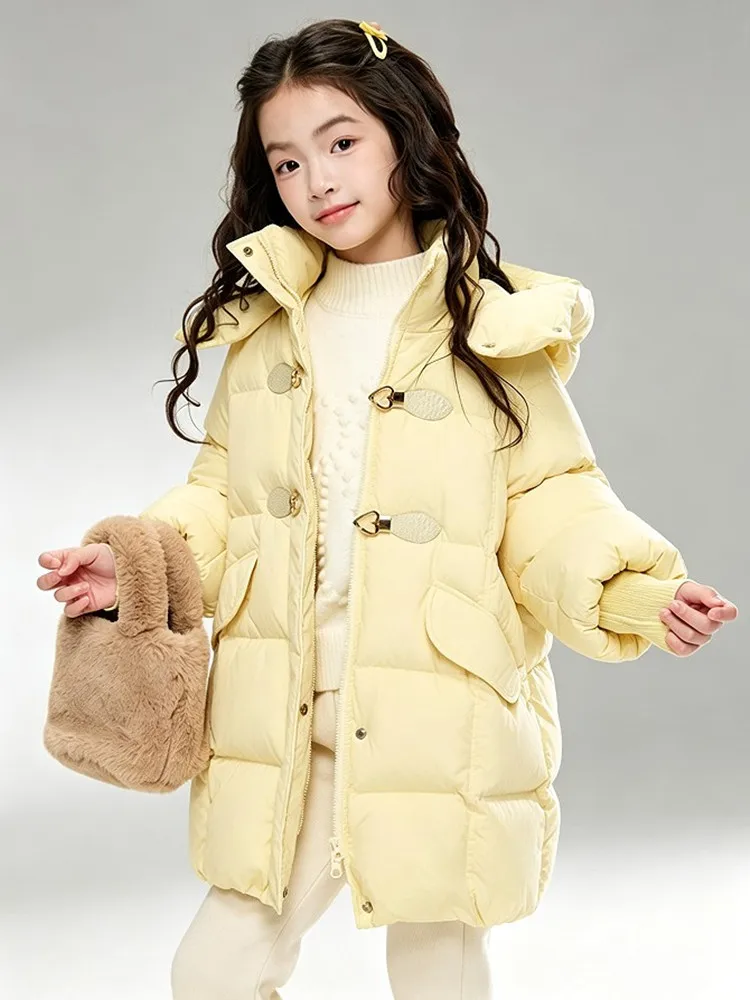Mädchen Winter Daunenjacke 90% Weiße Entendaunen Mittellange Kapuzenparka Kinder Mädchen Warme Oberbekleidung Winddichter Kindermantel 5-14 Jahre – Detail 13