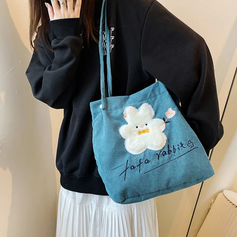 Schoolbag for Student Canvas Handbag Women Cute Rabbit Embroidery Shoulder Bag Large Capacity Tote Shopping Bags