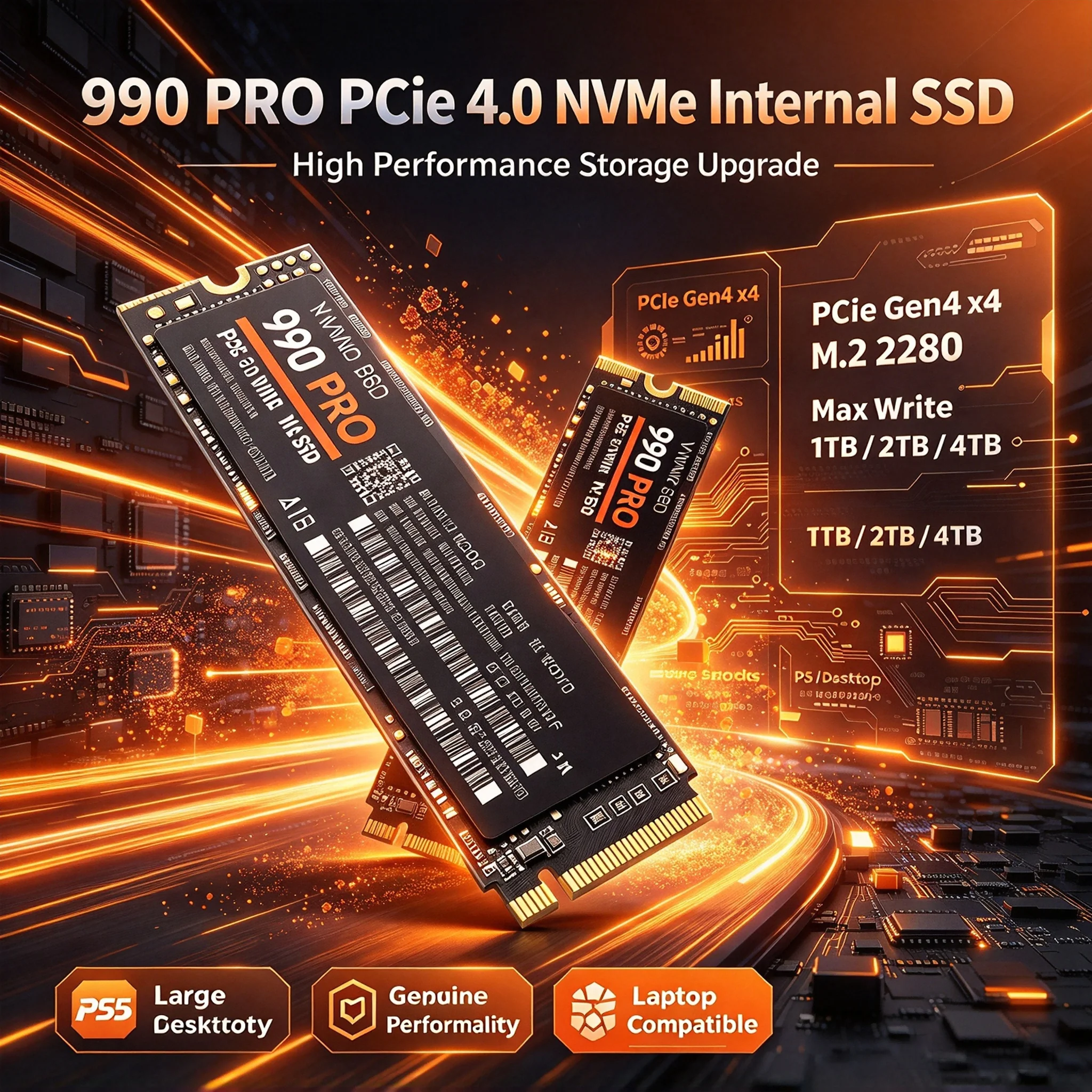 High Performance 990 PRO M.2 2280 NVMe PCIe Gen4 SSD, 1TB 2TB 4TB Internal Storage Solid State Drive for PS5 Desktop & Laptop