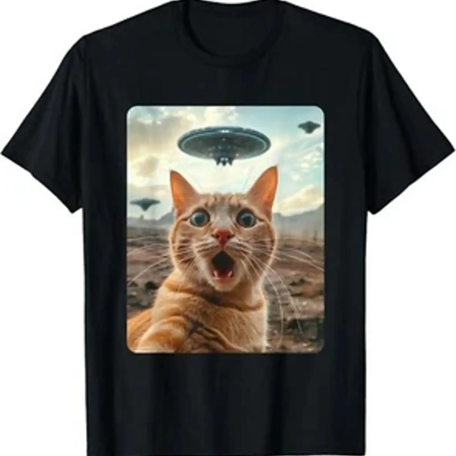 Incontro Extraterrestre_ Selfie Gatto con Maglietta UFO Regalo T Shirt vintage Washed homme Versatile Breathable graphic Soft
