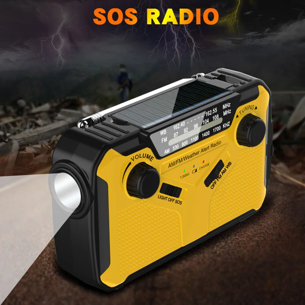 2025 Radio de emergencia caliente Radio de manivela solar AM/FM Linterna LED SOS Alarm Power Bank Altavoz و 