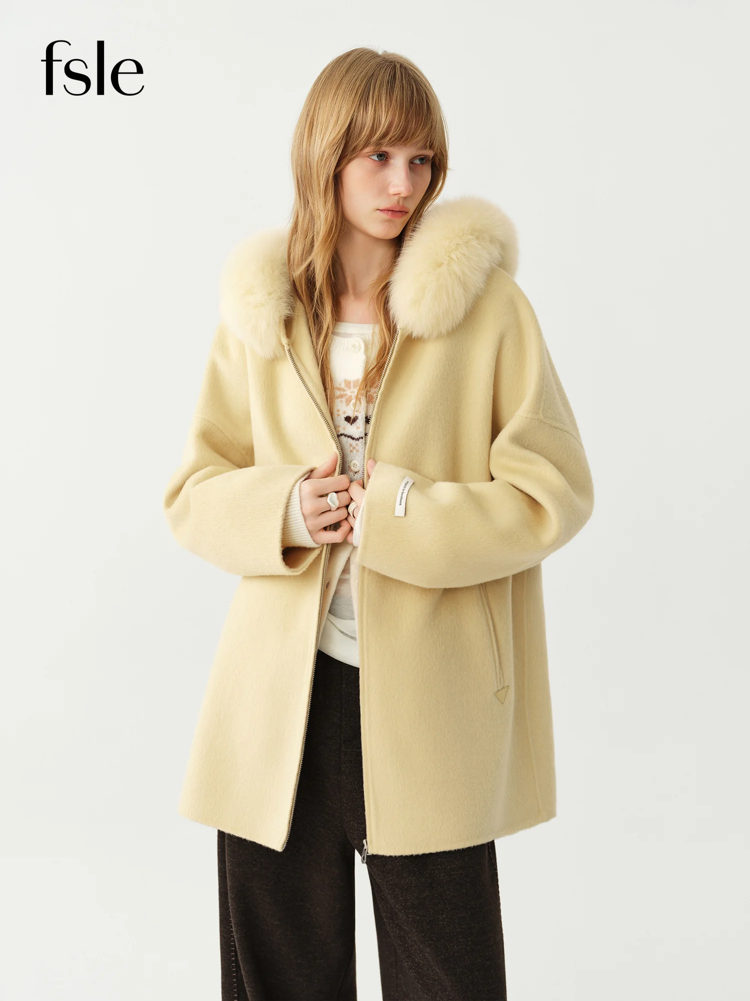 FSLE 2026 New Fall Winter Women Fox Fur Collar Cape Coat Loose Double-faced Woolen Outerwear Mid-length Jacket Long Coat