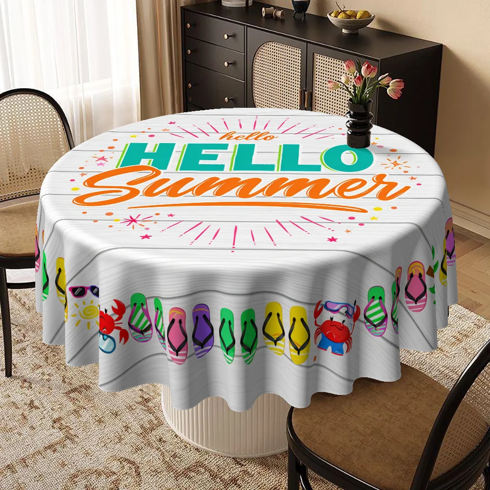 Circular tabletop cover, summer-themed flip-flops
