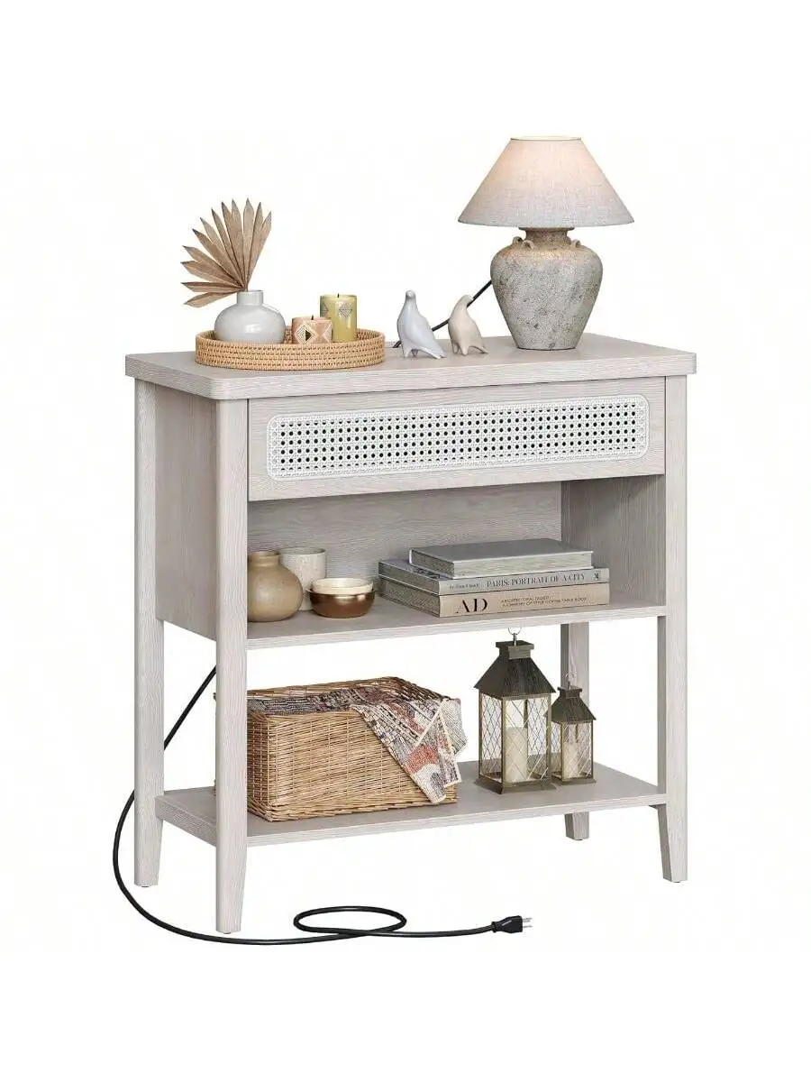 VASAGLE Console Table with Power Outlets, Entryway Table with Storage Shelf, Sofa Table with Drawer, Open Compartment