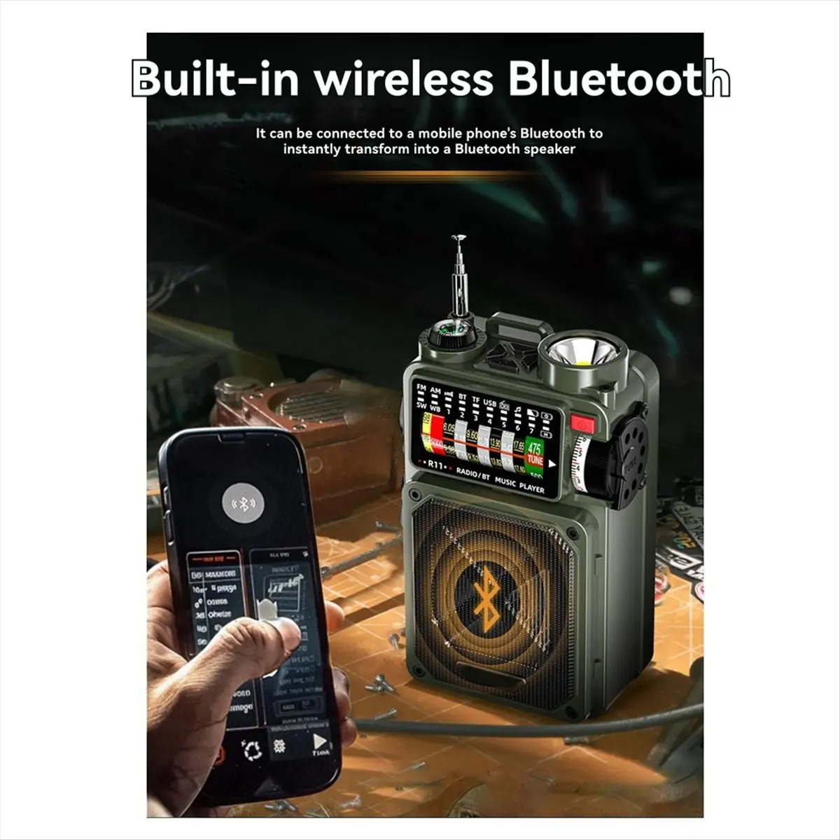 fitfit Solar Hand Crank Radio Dynamo Portable Vintage AM/FM/SW Full Band Emergency Radio Bluetooth Speaker with Flashlight SOS