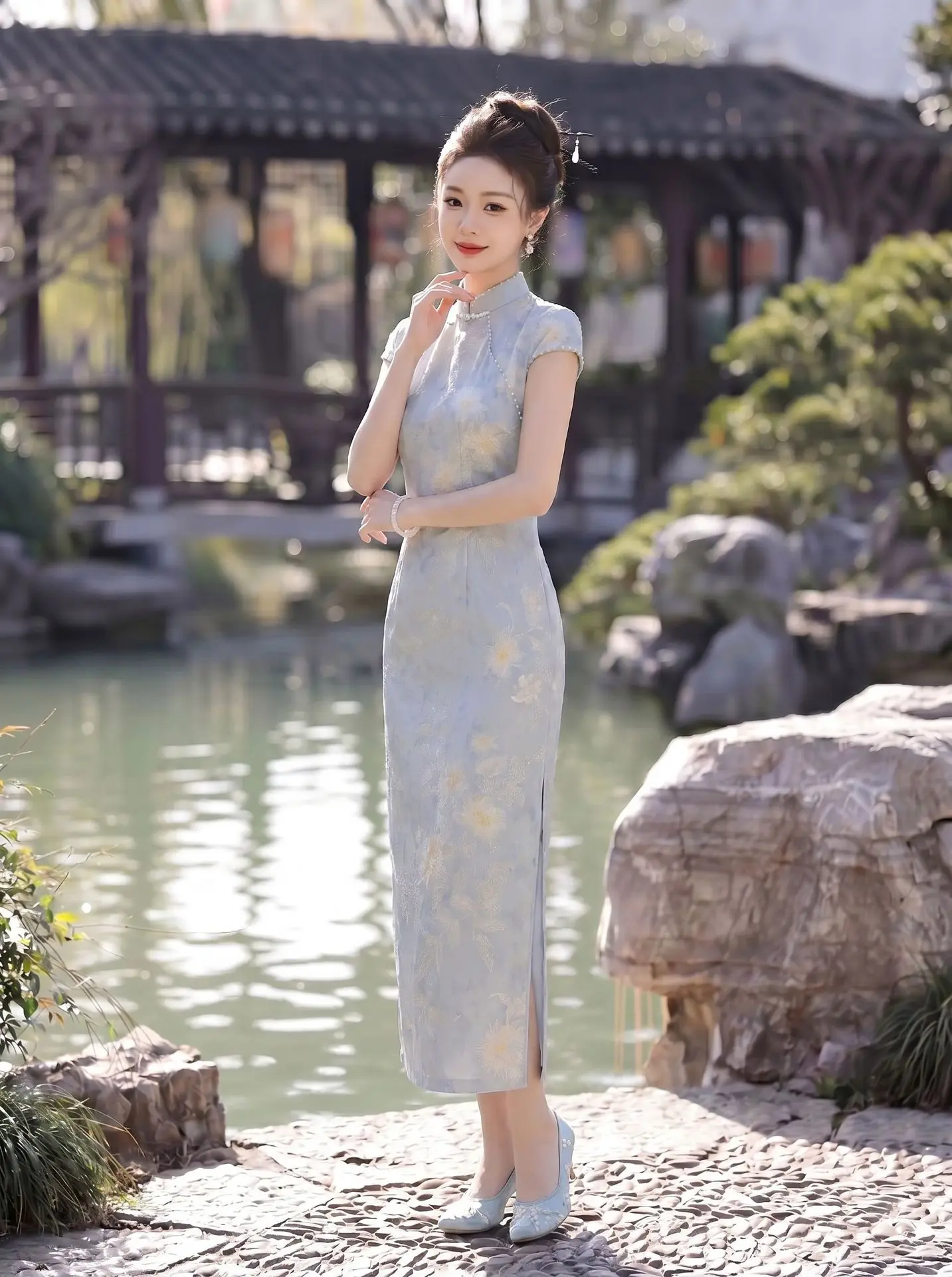 Chinese Style Blue Retro Qipao Women's Improved Short Sleeved Daily Slim Fit Dress for Summer Print Cheongsam
