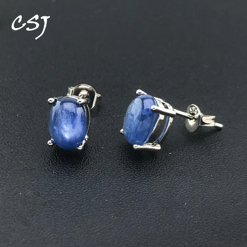 

CSJ Natural Kyanite Stud Earring Sterling 925 Silver Gemstone Oval 6*8mm for Women Birthday Party Jewelry Gift