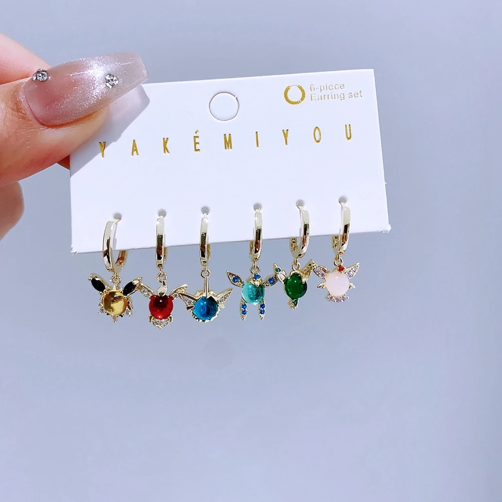 Trendy 6pcs CZ Stone Cartoon Spirit Drop Huggie Earrings Set Gold Color Plated Women Jewellery