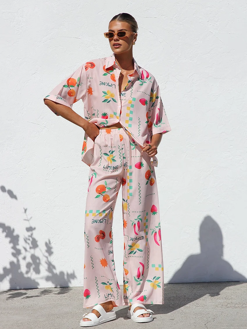 

Marthaqiqi Printing Loose Women Sleepwear Set Half Sleeve Nightgowns Turn-Down Collar Pajamas Pants Causal Ladies Nightwear Suit