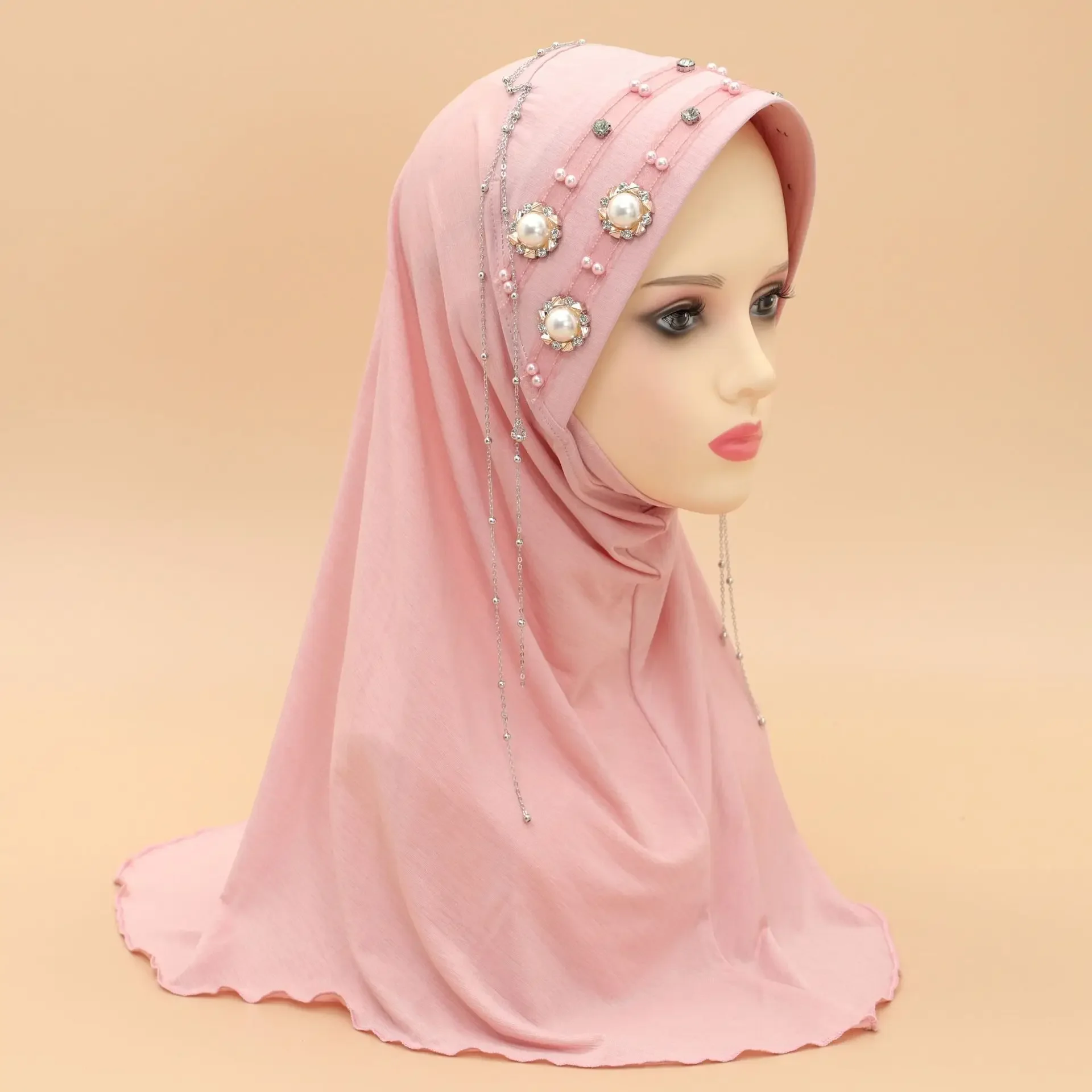 

Beaded Drill Fringe Solid Color Cotton Hard Brim Headscarf Muslim Women Hijab Turban Islam Head Wrap Shawls Amira Pull On Hat