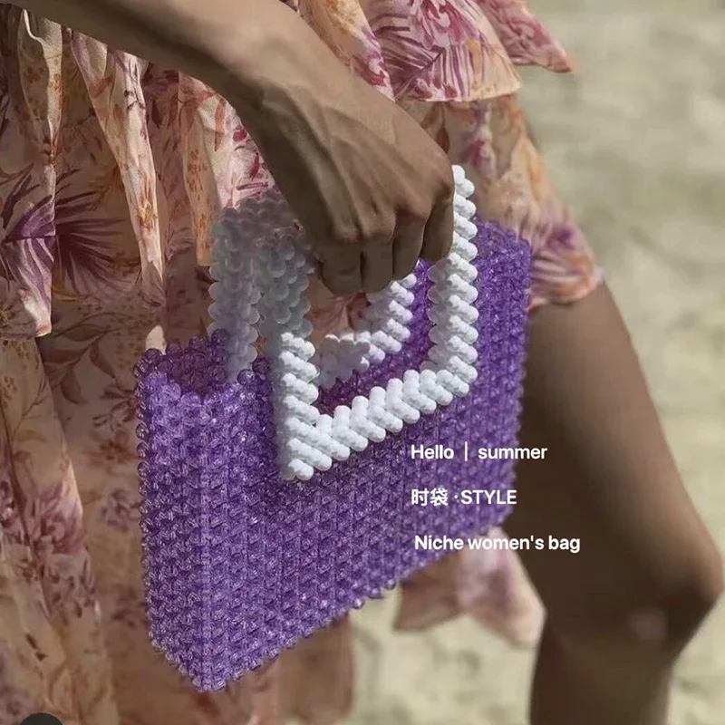 

Fashion Purple Splice Geometric Square Design Handbag 2024 New Acrylic Beaded Handwoven Women's Bag High Quality Crystal Bags