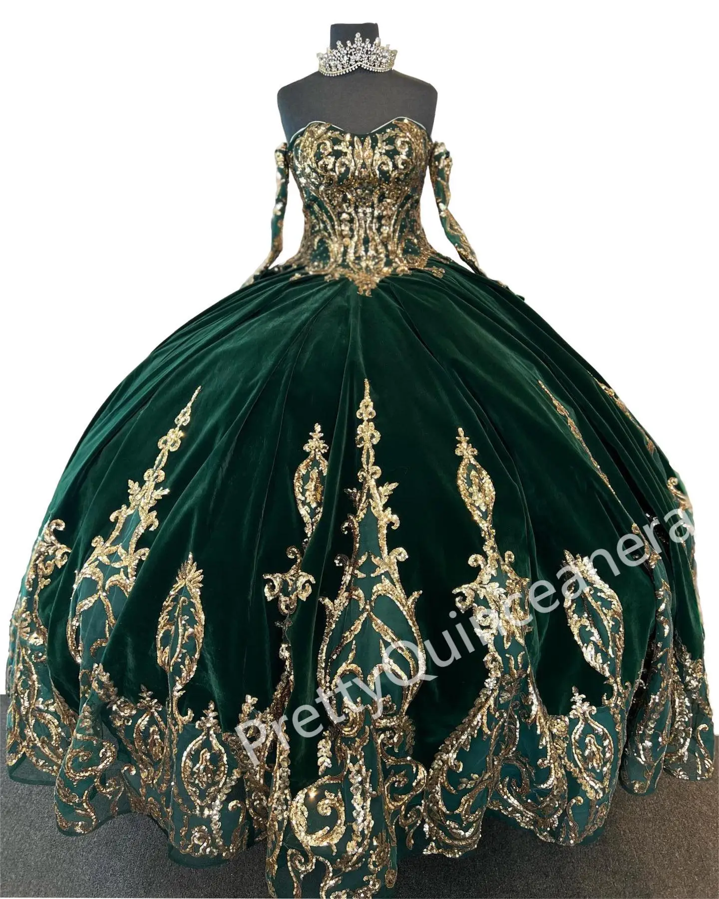 Vestidos destacáveis de mangas compridas Quinceanera, Corset Back Ball Gown com Royal Train, Metallic Sequin Applique, Veludo verde esmeralda