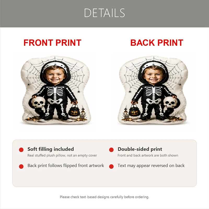 Custom Personalized Photo Shaped Pillow, Halloween Skeleton Costume Smiling Face Decorative Cushion, Unique Home Decor Accent fo
