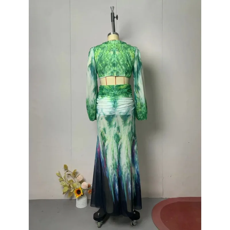 Abito da spiaggia floreale per le vacanze da donna sexy Elegante abito da festival tropicale con maniche lunghe Y2K con scollo a V scavato e spacco increspato